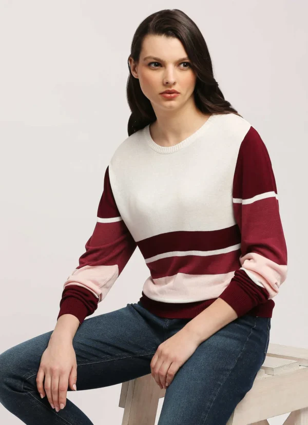 Burgundy Striped Pullover Full Sleeves Knit Top Sweater - Image 8