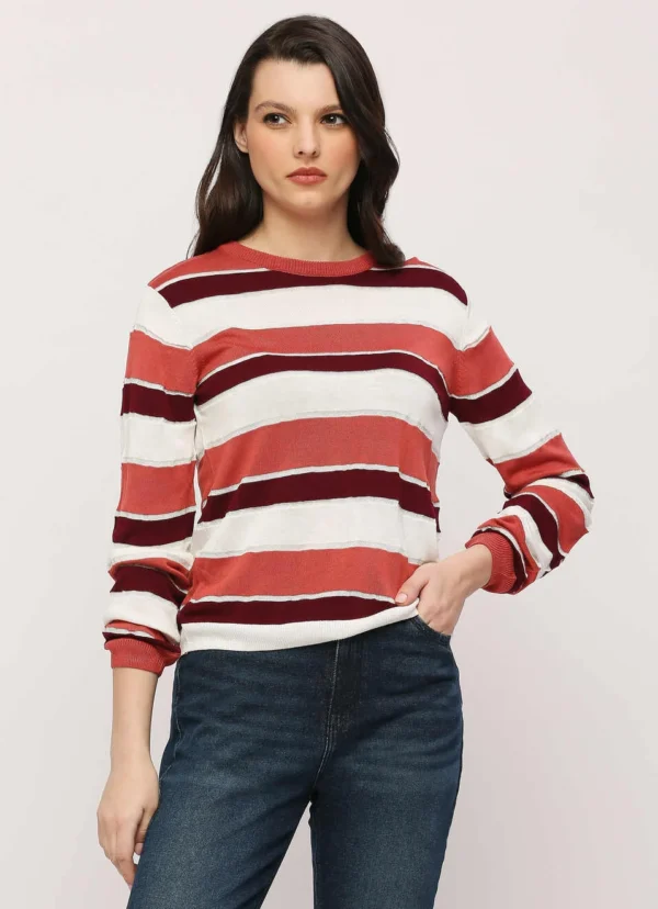 8905875084938_1 Burgundy Striped Pullover Full Sleeves Sweater - Image 1