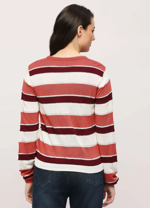 Burgundy Striped Pullover Full Sleeves Sweater - Image 3