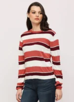 Burgundy Striped Pullover Full Sleeves Sweater - Image 4