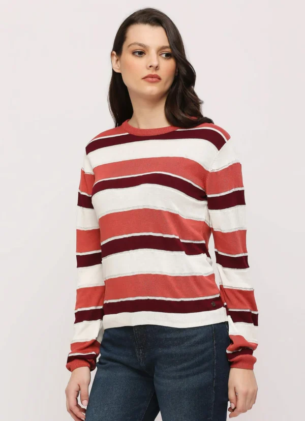 Burgundy Striped Pullover Full Sleeves Sweater - Image 4