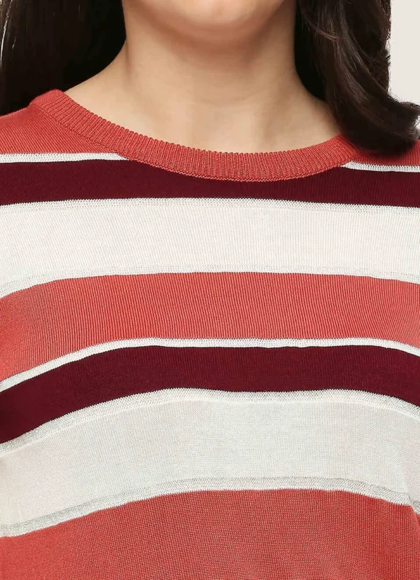 Burgundy Striped Pullover Full Sleeves Sweater - Image 5