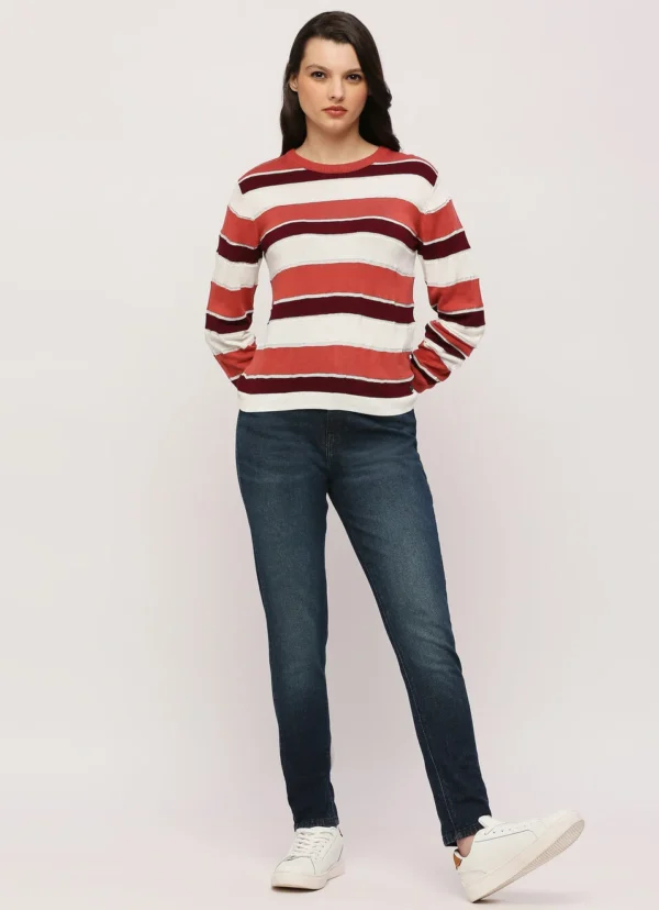 Burgundy Striped Pullover Full Sleeves Sweater - Image 7