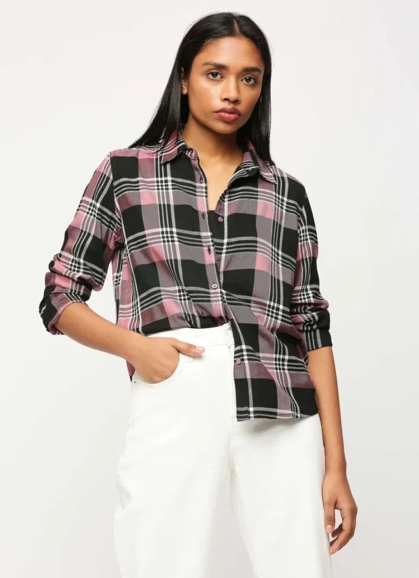 8905875090137_1 Pepe Jeans Black & Pink Cotton Chequered Shirt For Women/Ladies - Image 1