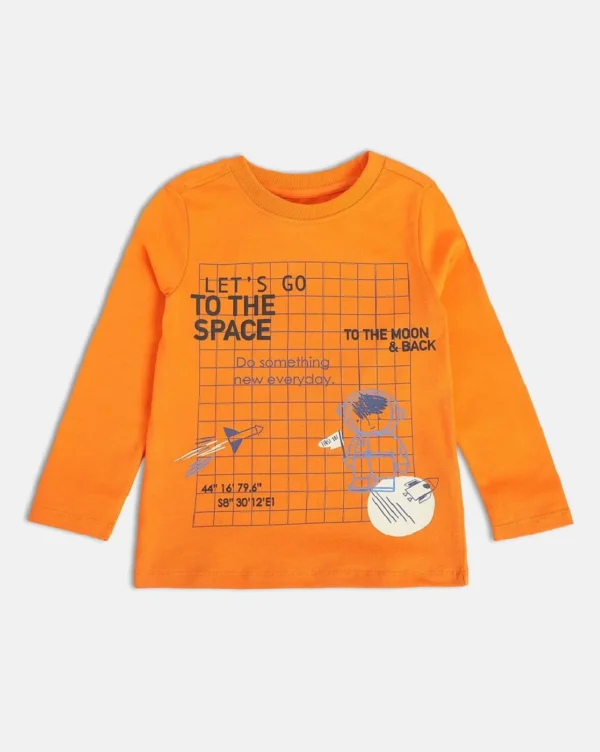 MINI KLUB Boys Printed Pure Cotton T Shirt  (Orange, Pack of 1) - Image 1