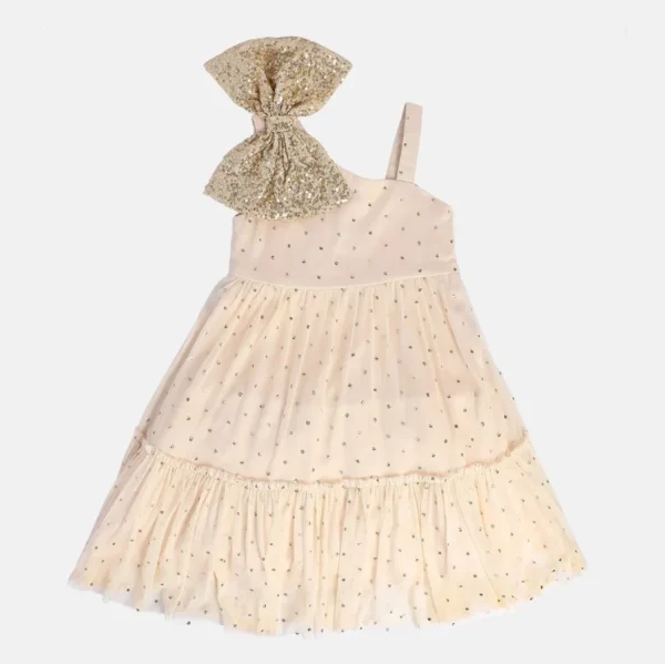 8907095983848_1 MINI KLUB Girls Beige Embellished Fit & Flare Dress - Image 1