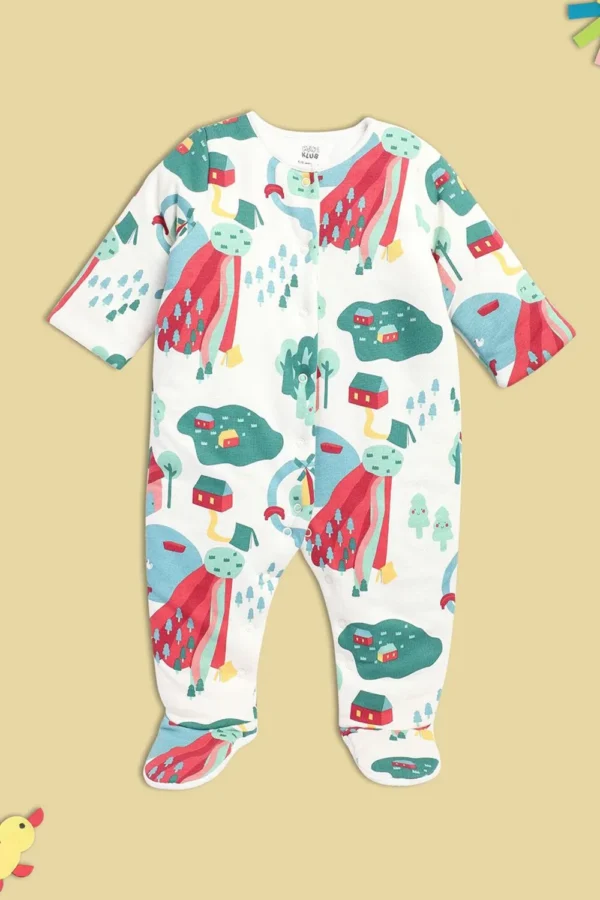 8907095984975_1 MINI KLUB White Print Casual Regular Fit Sleepsuit - Image 1