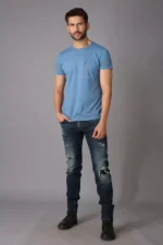 ROOKIES DARK BLUE 5 POCKET MID-RISE TORN JEANS (LENNON) KNIT DENIM - Image 6