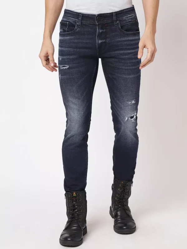 rookies-mens-denim-8-1-65cf505d82906 ROOKIES DARK BLUE 5 POCKET MID-RISE TORN JEANS (LENNON) KNIT DENIM - Image 1