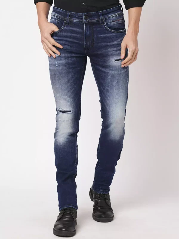 rookies-mens-denim-9-1-65cf511240d44 ROOKIES DARK BLUE 5 POCKET MID-RISE TORN JEANS (LENNON) KNIT DENIM - Image 1