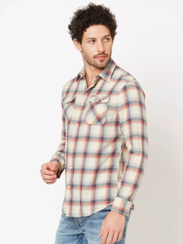 ROOKIES Elite Checks Elegance Men's Slim Fit Cotton Shirt/Cream Orange Full Sleeve Check Shirt - Image 5