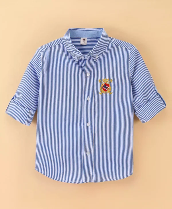 ToffyHouse Cotton Full Sleeves Shirt With Striped & Logo Embroidery Print - Blue - Image 1