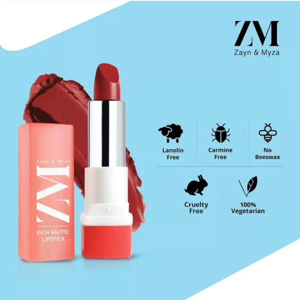 ZM Zayn & Myza Rich Matte Lipstick | Smooth and Light Weight | Intense Color in one Swipe | High Pigmentation Bullet Lip Stick Enriched with Argan oil, Murumuru and Shea Butter, (4.2 g, Iconic) - Image 6