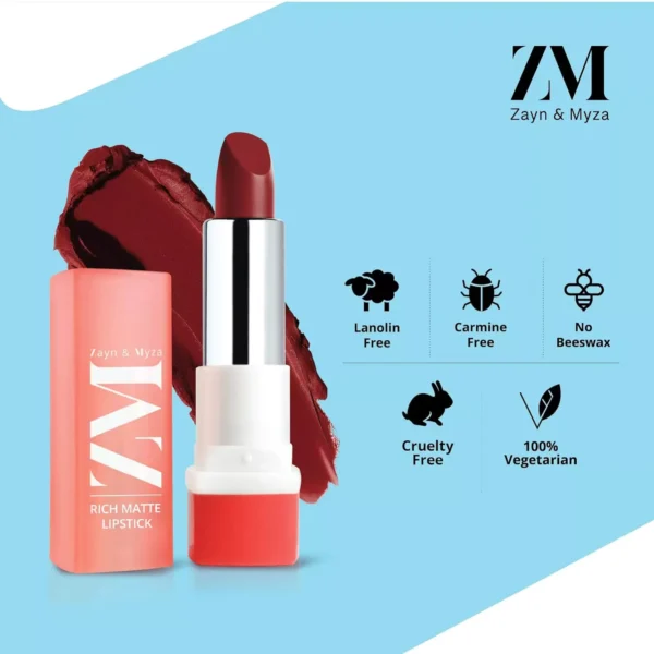 ZM Zayn & Myza Rich Matte Lipstick, Smooth and Light Weight, Intense Color in one Swipe, High Pigmentation Bullet Lip Stick Enriched with Argan oil, Murumuru and Shea Butter, 4.2 g (Mellow Drama) - Image 2