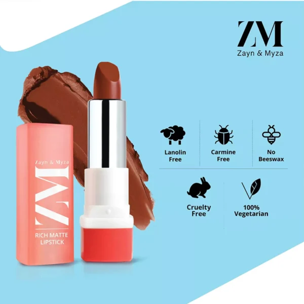 ZM Zayn & Myza Rich Matte Lipstick | Smooth and Light Weight | Intense Color in one Swipe | High Pigmentation Bullet Lip Stick Enriched with Argan oil, Murumuru and Shea Butter, (4.2 g, Forbidden) - Image 2