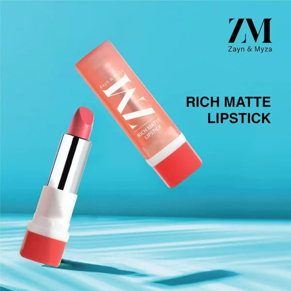 zm-rich-matte-lipstick-9-3-65ccabca1e6c5 ZM Zayn & Myza Rich Matte Lipstick | Smooth and Light Weight | Intense Color in one Swipe | High Pigmentation Bullet Lip Stick Enriched with Argan oil, Murumuru and Shea Butter, (4.2 g, Fashionista) - Image 6
