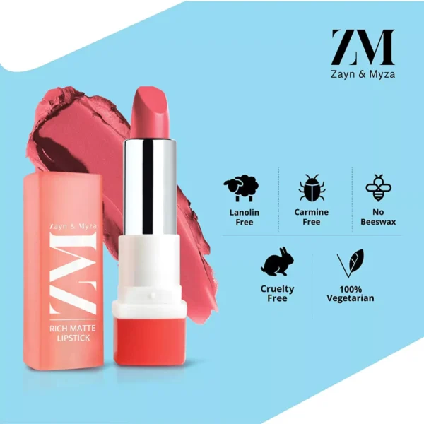 zm-rich-matte-lipstick-9-7-65ccabd194f41 ZM Zayn & Myza Rich Matte Lipstick | Smooth and Light Weight | Intense Color in one Swipe | High Pigmentation Bullet Lip Stick Enriched with Argan oil, Murumuru and Shea Butter, (4.2 g, Fashionista) - Image 3