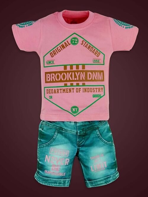Soft Cotton Round Neck Half Sleeve Multi Colour T-Shirt with Half Denim Pant Clothing Set for Kids