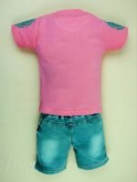 Soft Cotton Round Neck Half Sleeve Multi Colour T-Shirt with Half Denim Pant Clothing Set for Kids - Image 3