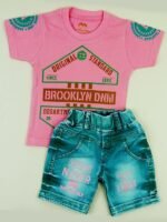 Soft Cotton Round Neck Half Sleeve Multi Colour T-Shirt with Half Denim Pant Clothing Set for Kids - Image 2