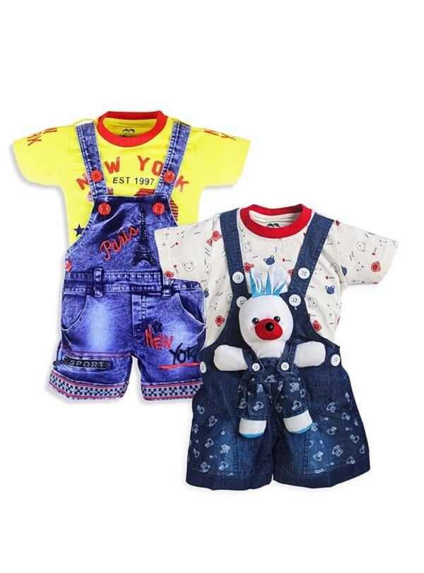 1532360124749_1520400124749 Kids Half Sleeve Denim Dungaree Dress Set PACK OF 2 - Image 1