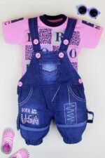 Kids Half Sleeve Denim Dungaree Dress Set with T-shirt for Baby Boys & Baby Girls|100% Cotton Printed Dungaree Set|Kids Dress for Baby Boys and Baby Girls
