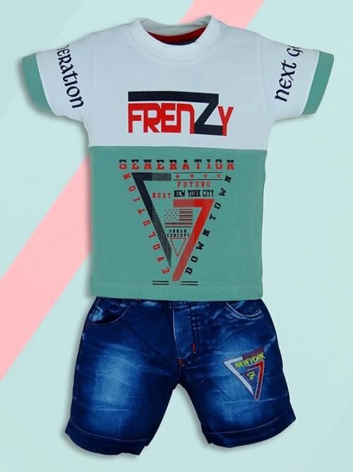 Cotton Round Neck Half Sleeve T-Shirt With Denim Short Clothing Set for Kids Half Pant For Boys Boys Tees Combo