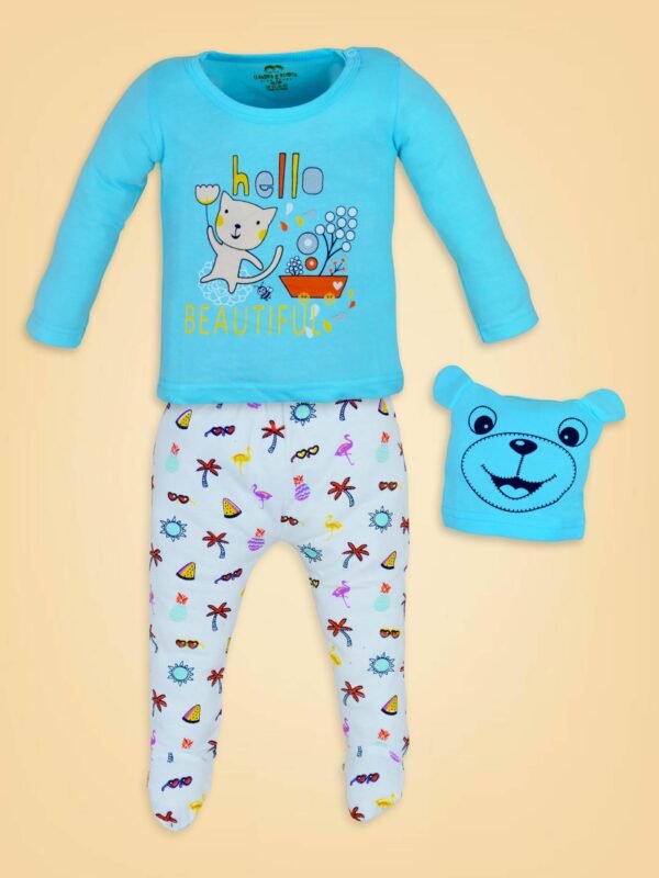 Cotton Clothing Sets for Boys & Girls - Unisex Clothing Sets Full Sleeve T-Shirt Pant & Cap_Green - Image 1