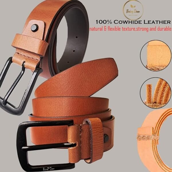 Genuine Men's Leather Belt, Full Grain Leather, Casual Jeans Leather Belts for Men,Hand Made Mens Casual Belts With Heavy Duty Metal Buckle_Light Brown - Image 3