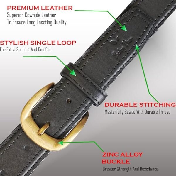 Genuine Women's Leather Belt, Cowhide Leather, Casual Jeans Leather Belts for Women,Hand Made Womens Casual Belts With Heavy Duty Metal Buckle_Black - Image 3