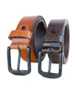 Genuine Men's Leather Belt, Full Grain Leather, Casual Jeans Leather Belts for Men,Hand Made Mens Casual Belts With Heavy Duty Metal Buckle_Burnished & Light Brown_Pack Of 2