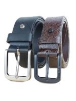 Genuine Men's Leather Belt, Full Grain Leather, Casual Jeans Leather Belts for Men,Hand Made Mens Casual Belts With Heavy Duty Metal Buckle_Burnished & Black Pack Of 2