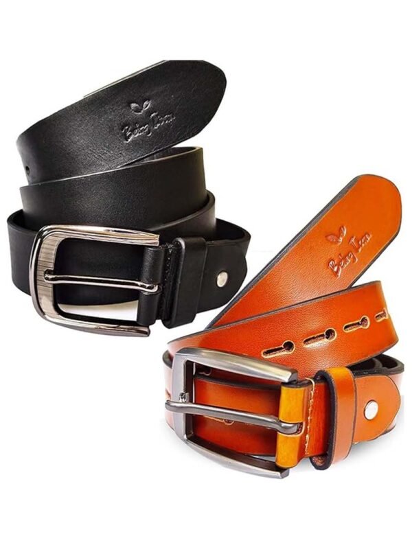 Genuine Women's Leather Belt, Cowhide Leather, Casual Jeans Leather Belts for Women,Hand Made Womens Casual Belts With Heavy Duty Metal Buckle_Yellow Brown & Classic Black_Pack Of 2 - Image 1